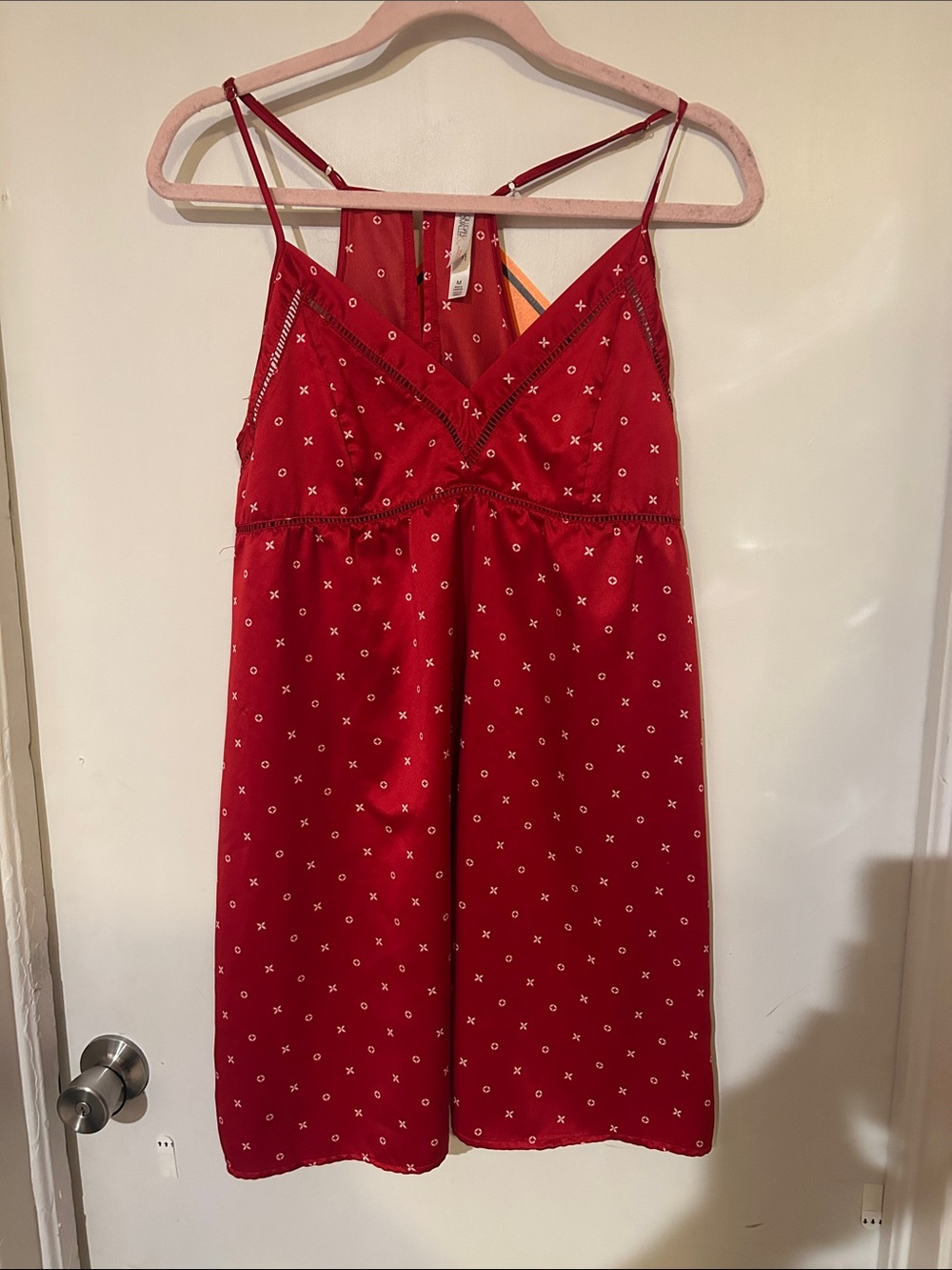 Gilligan & O'Malley Red Spaghetti-Strap Romper with White Micro X Print